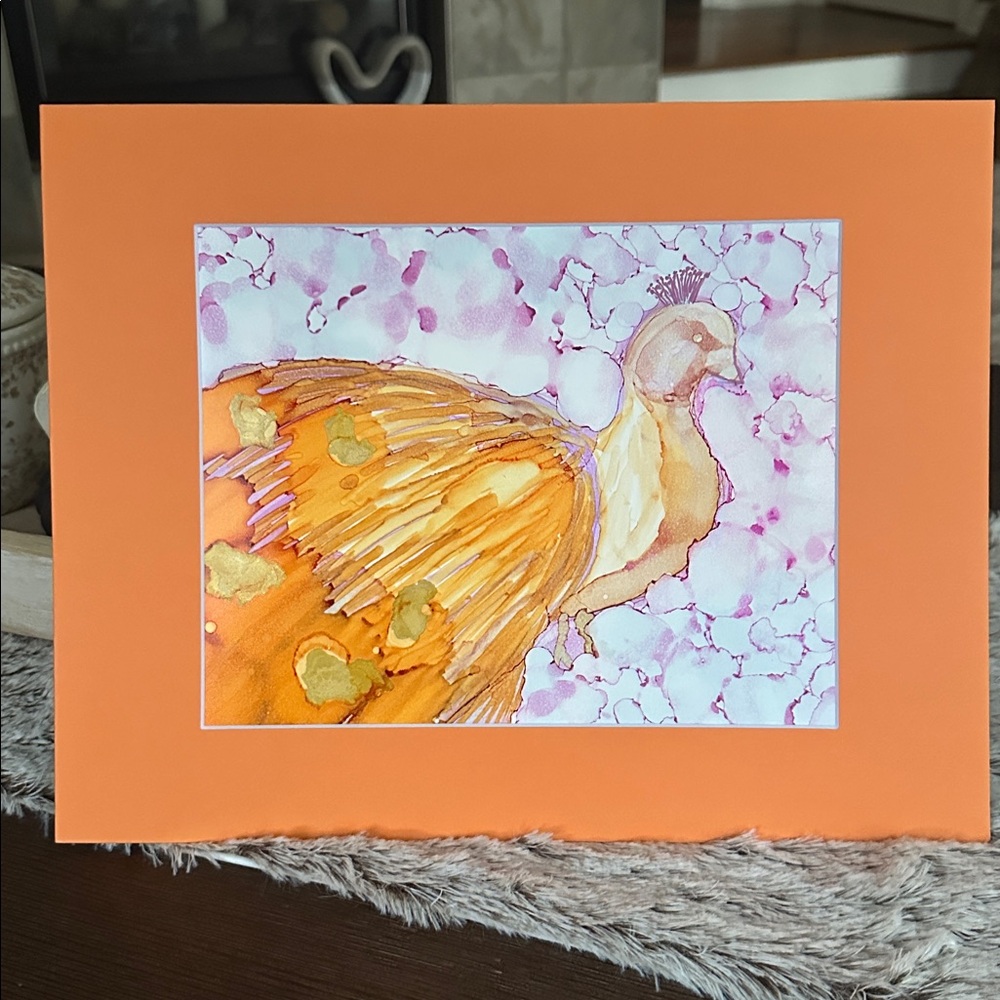 Handcrafted original orange Peacock alcohol ink painting wall art